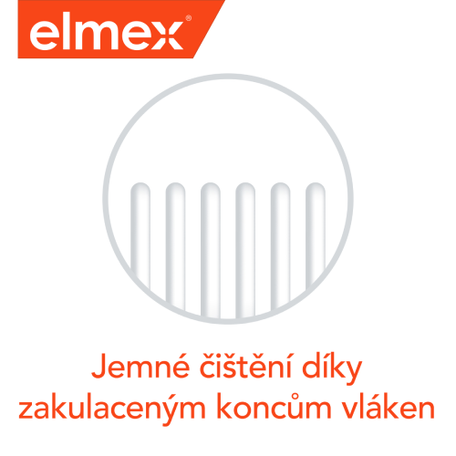 Logo zubních kartáčků elmex s popisem „Jemné čištění díky zakulaceným koncům vláken“