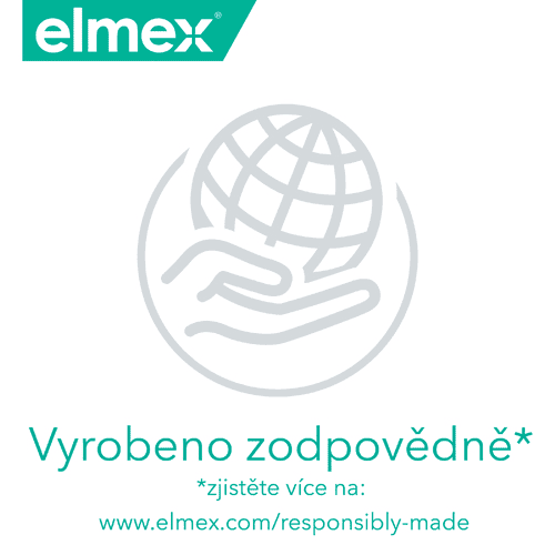 Logo značky elmex s mottem „Vyrobeno zodpovědně“.