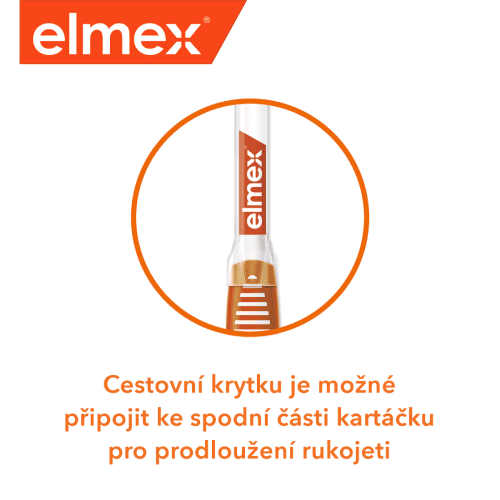 Cestovní krytka zubního kartáčku elmex s možností připojení ke kartáčku pro snadné použití.